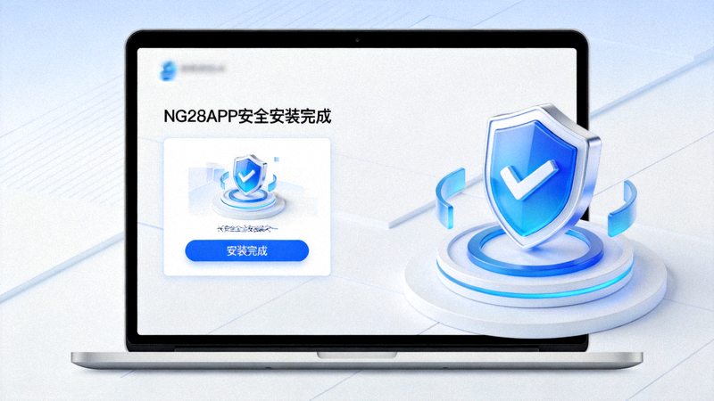 电脑屏幕上显示NG28APP安全安装完成界面，旁边有安全盾牌图标