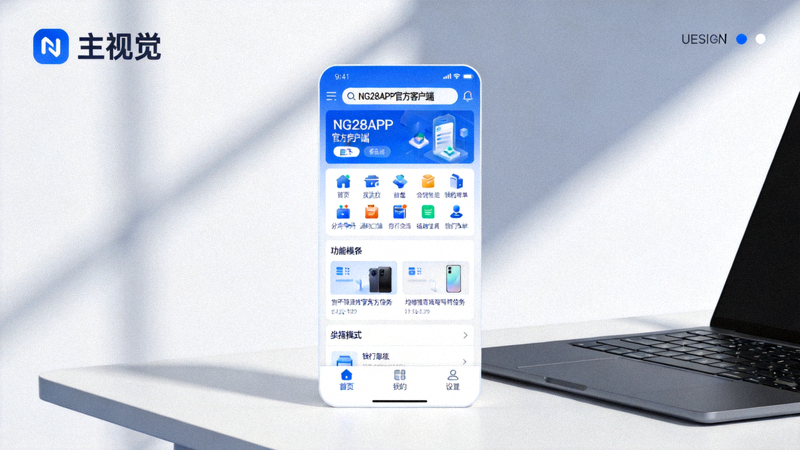 NG28APP官方客户端主视觉图 - 在干净整洁的桌面上运行的应用程序界面